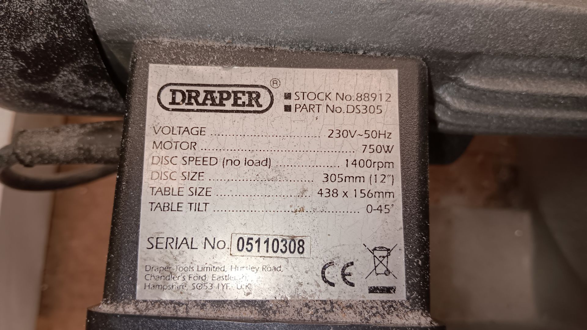 Draper 88912 DS305 750w 305mm disc sander, serial number 05110308, 240v – Located in Unit 3 - Image 3 of 3