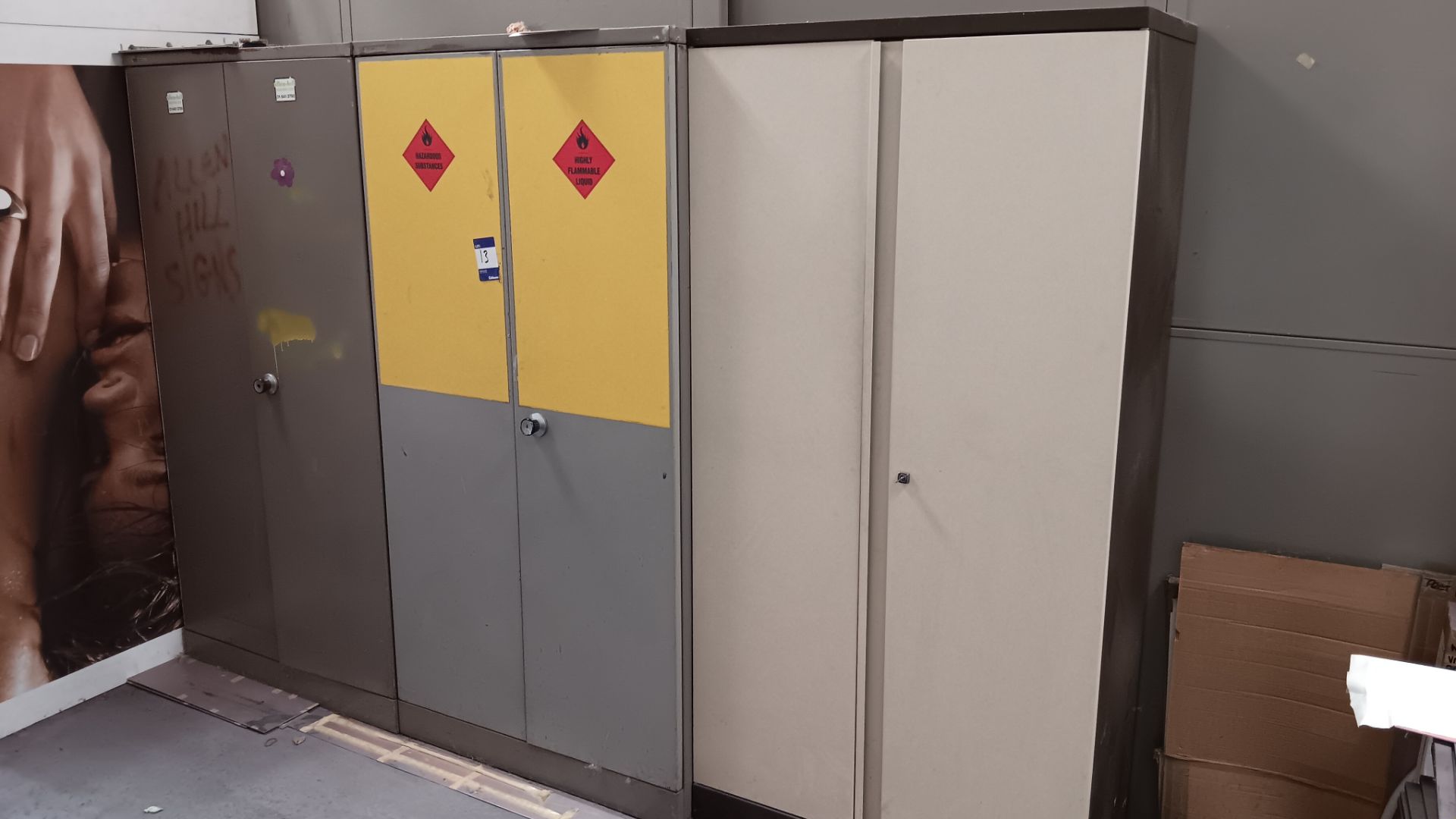 3 x steel upright twin door cupboards approx 1,800 (h) x 900 (w) and contents as photographed –