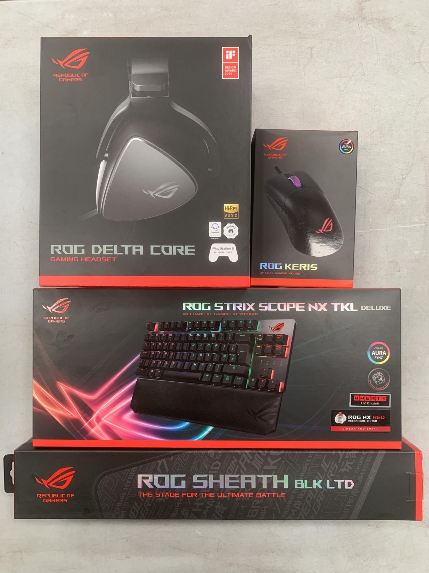Asus Republic of Gamers Mouse, Keyboard, Desk Sheath and headset - all boxed
