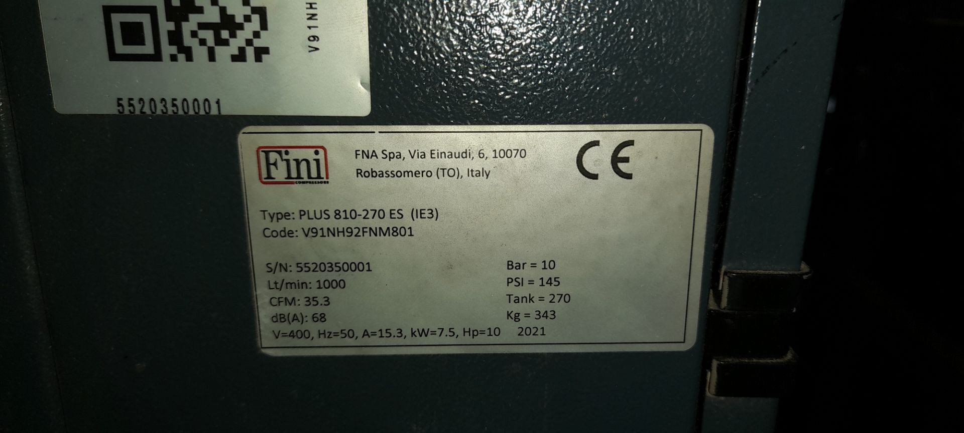 Fini Plus 8 Bar E5 Screw Compressor on Horizontal Receiver 1635 hours. s/n V91NH29. FNM 801. 2021 - Image 5 of 7