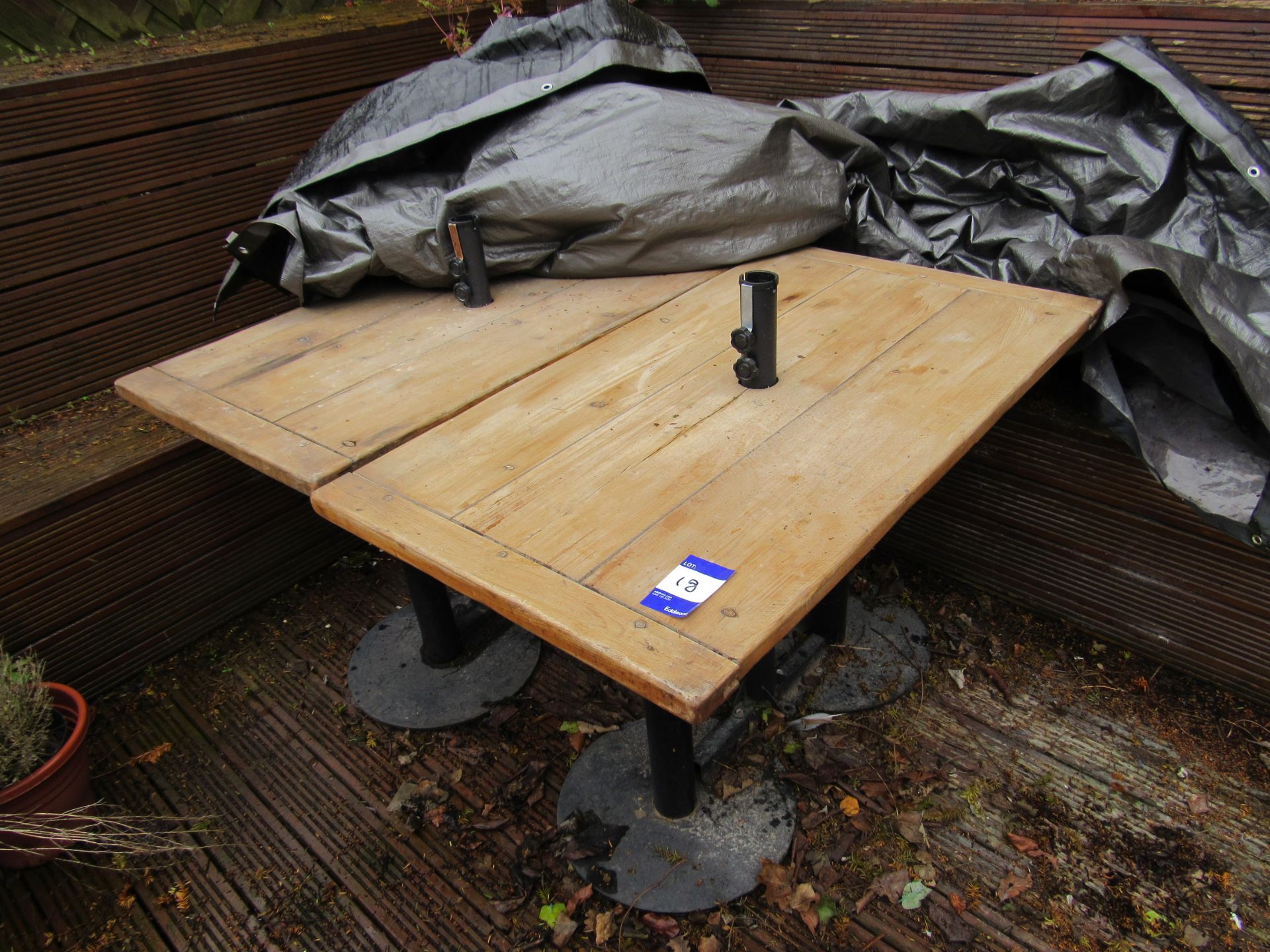 2 x Rustic topped tables with parasol support - Image 2 of 2