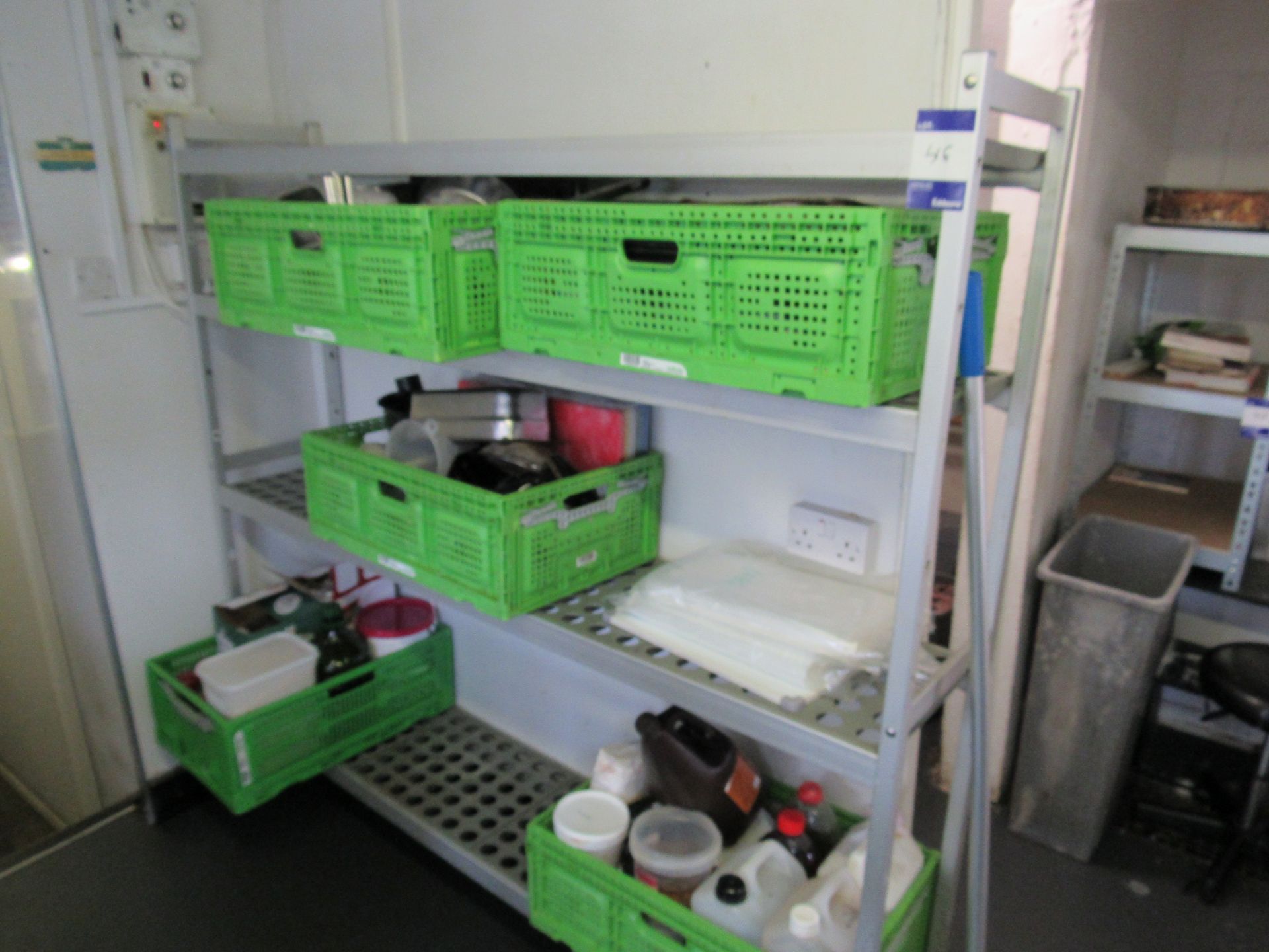 Aluminium 4 tier shelving unit and contents to include trays, food etc.