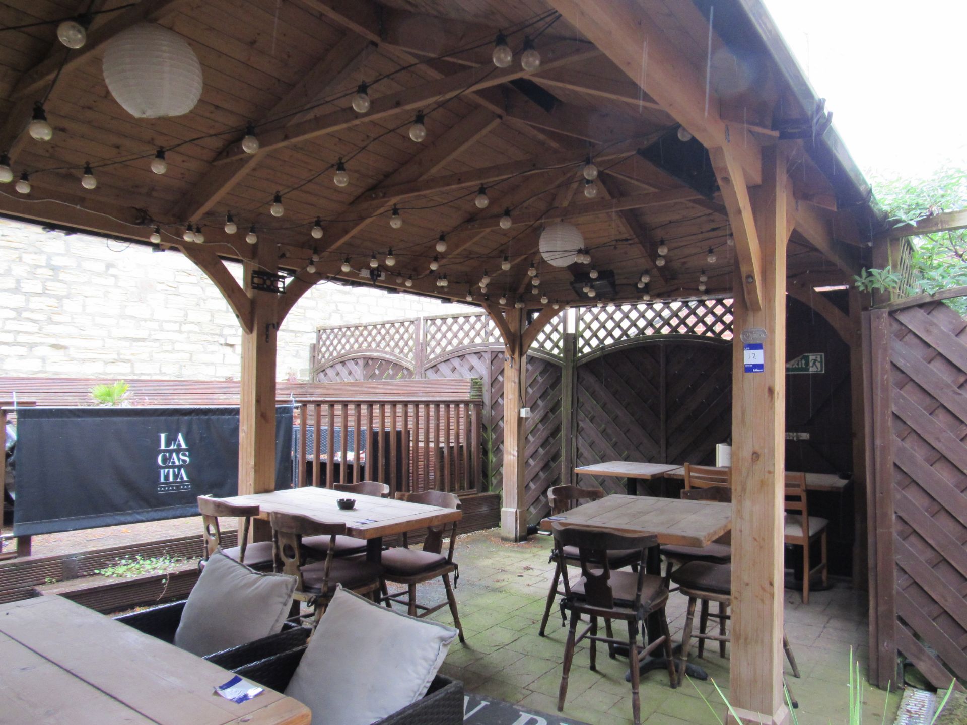 Dunster House timber outdoor shelter approx. 6m x 3m including electric heaters / lighting, consumer - Image 2 of 8