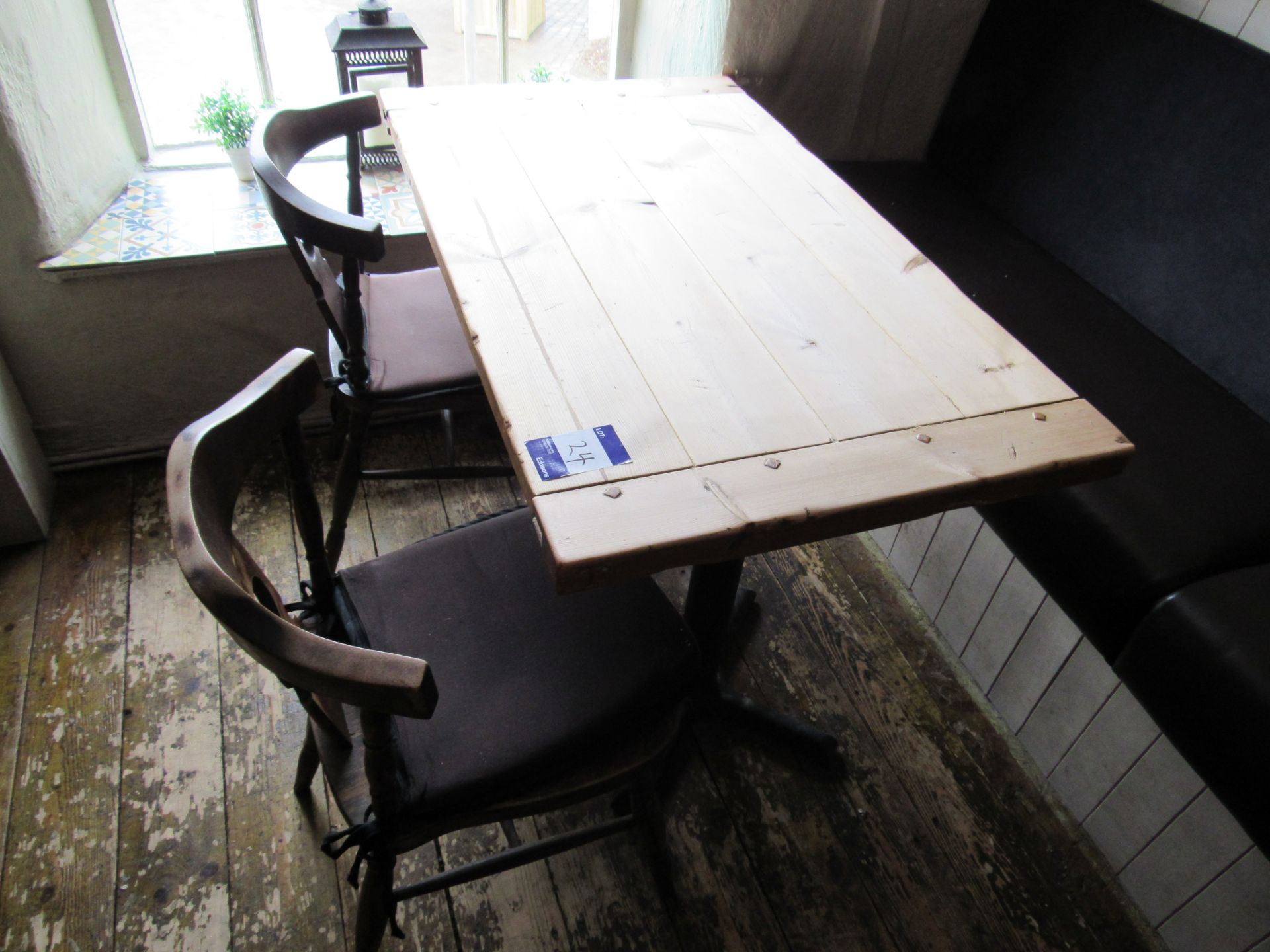 Rustic timber topped table with 2 chairs - Image 2 of 2