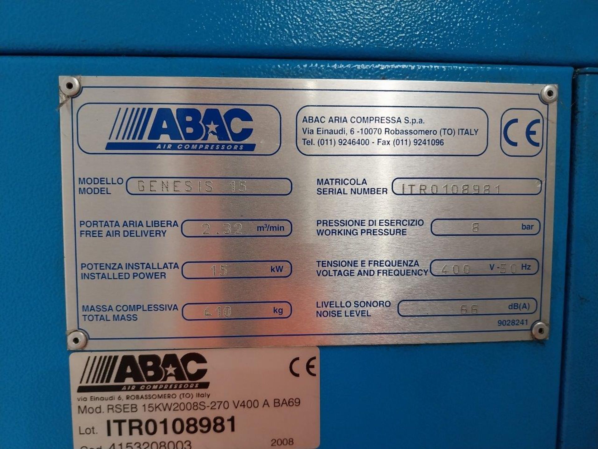 ABAC Genesis 1508 8 bar screw compressor Serial number ITR0108981, free air delivery 2.32m³ / min - Image 4 of 5