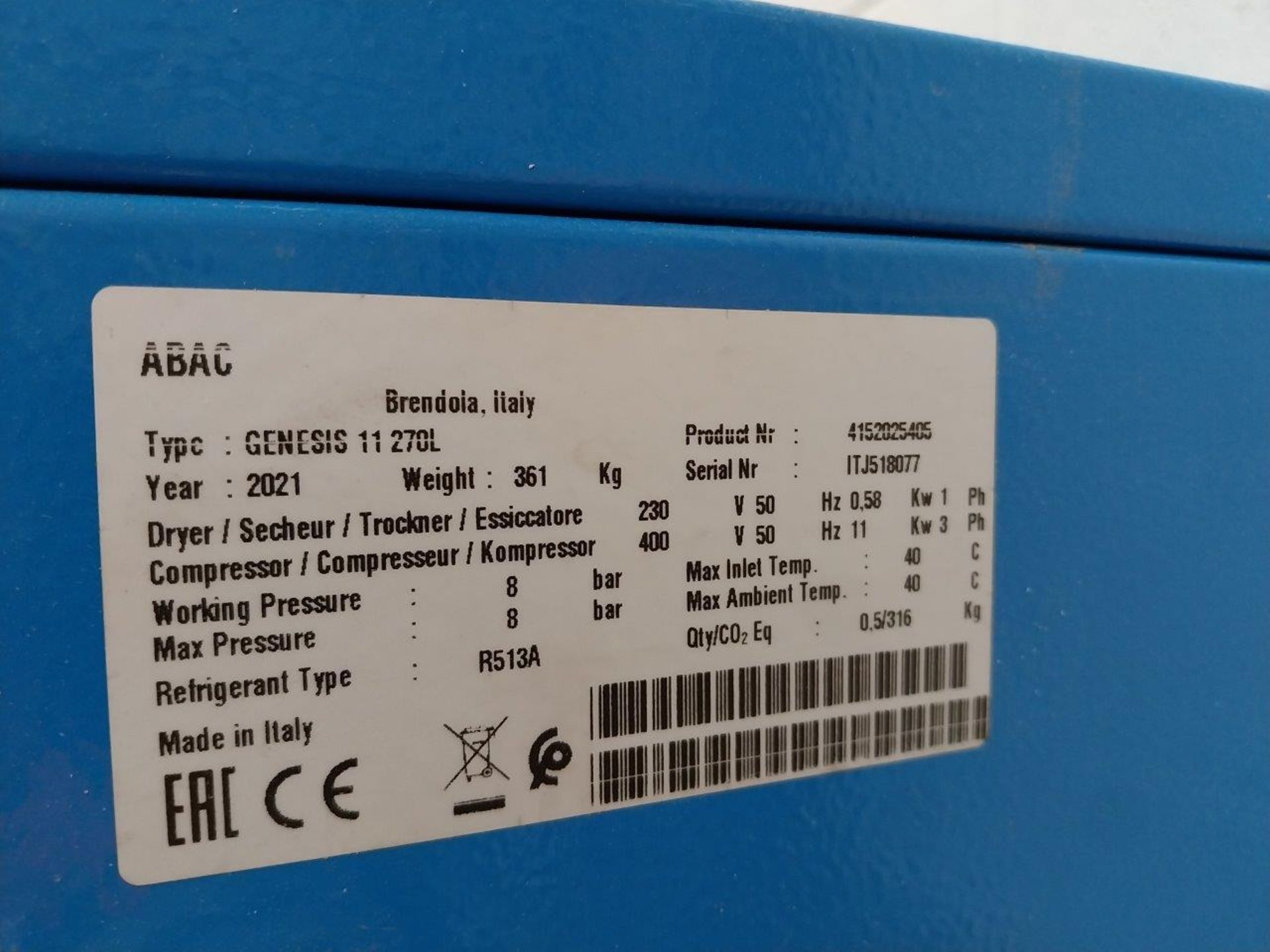 ABAC Genesis 11 270L receiver mounted rotary screw compressor & dryer Serial number ITJ518077, - Image 4 of 4