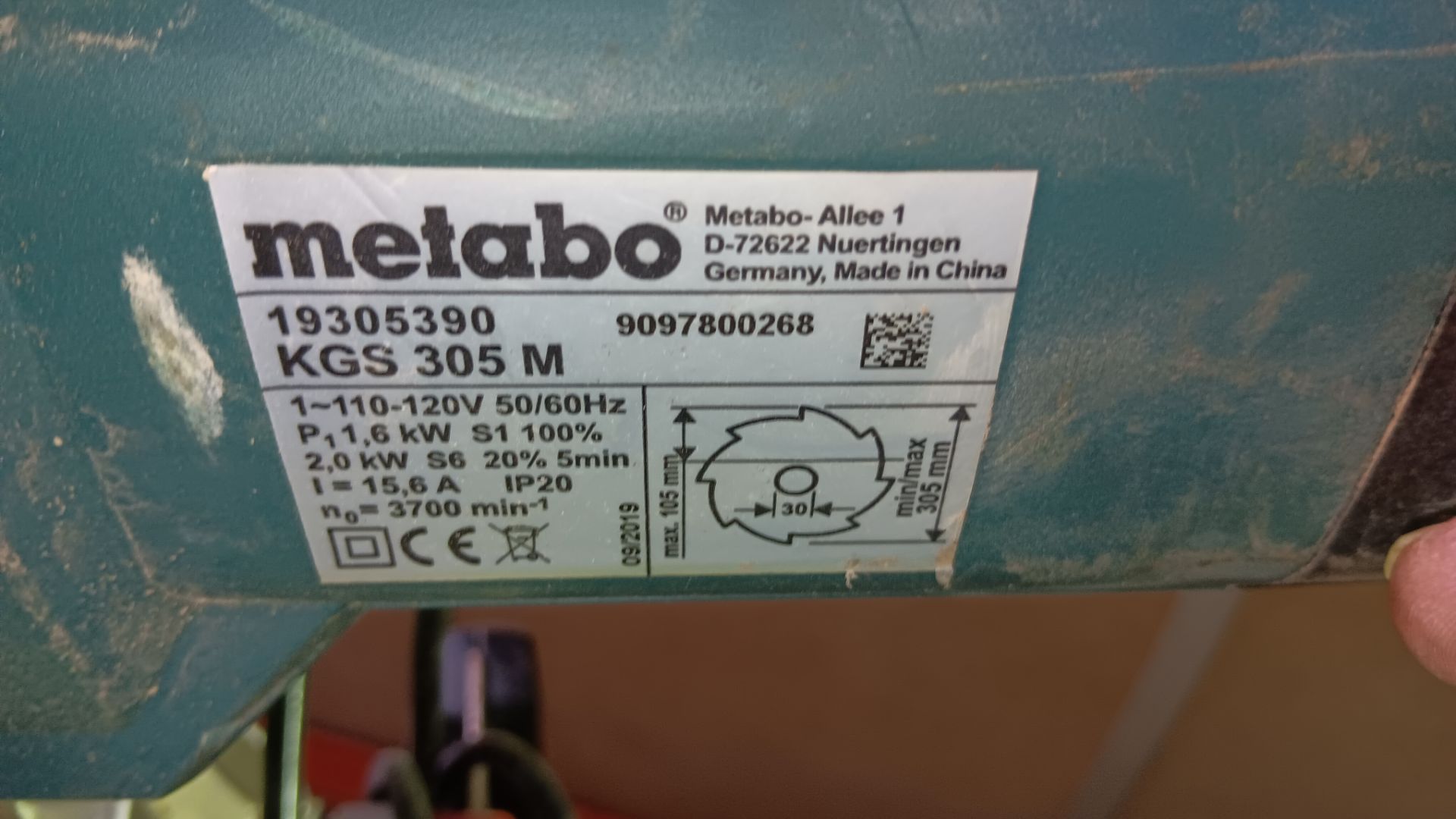 Metabo KGS305M sliding mitre saw, 110v, serial number 9097800268 (Sept 2019) - Image 3 of 3