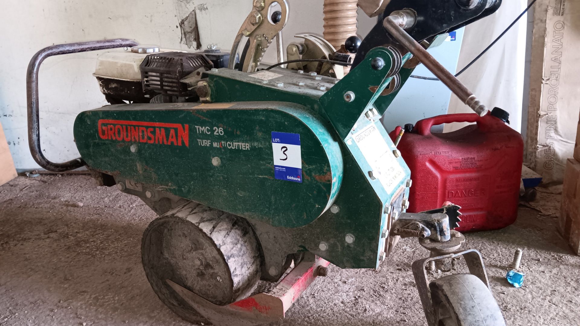 Groundsman TMC26 heavy duty turf multi cutter, serial number 302162T26, with Honda GX200 engine