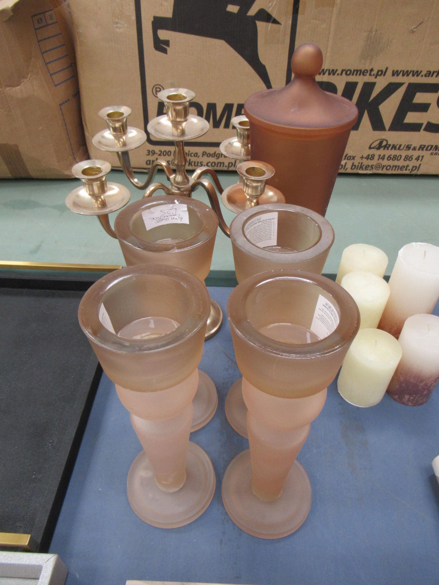 4x Peach Glass Candlesticks, Candlabra, Candles, Amber Glass Jar, Smoked Glass Bottle etc. - Image 4 of 4