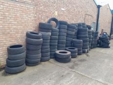 Quantity of part worn/scrap tyres, Various Sizes plus 11 : Various Motorbike tyres, As lotted per