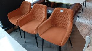 3 x Orange velvet upholstered dining chairs
