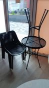 4 x Stackable plastic mesh chairs and 2 x Black aluminium circular dining tables