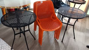 4 x Stackable plastic mesh chairs and 2 x Black aluminium circular dining tables