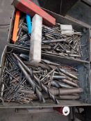 2 Boxes of bore drill parts and small table