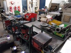 3 x Steel framed engineers tables with large quantity of tooling to include discs, spanners, work