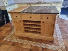 Kitchen Island with split marble/wood top with wine rack to one side and baskets to the other 1420 x