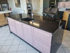 Fitted display kitchen - range is Grantham pitch black, dusty pink + Fjord. Costentino 20mm N-Boost