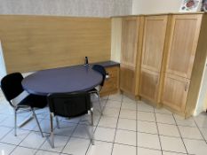 L-shaped showroom desk with receding depth cupboards