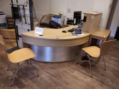 Curved reception desk with upstand to include 3 drawer pedestal, 2 x operators chairs, 1 x small