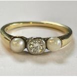 Vintage Designer Ring 14K Gold with One Diamond and Two Pearls