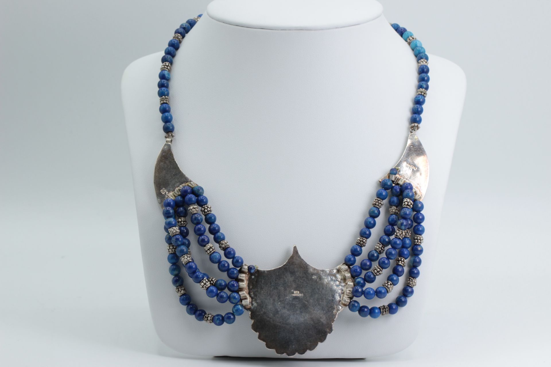 Ottoman Silver necklace with blue beads, centerpiece set with apatite - Image 5 of 7