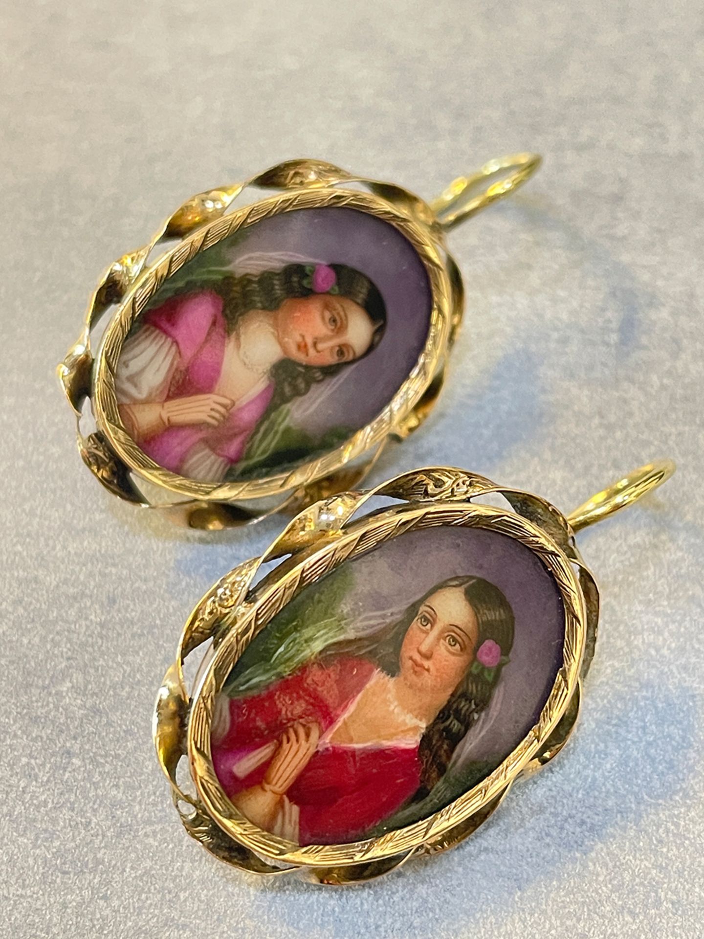 Antique 14K Yellow Gold Earrings with Miniature Portraits Miniature Painting Enamel - Image 2 of 3