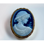 Big Blue Agate Cameo set in 14K Yellow Gold; Lady with hat