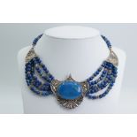 Ottoman Silver necklace with blue beads, centerpiece set with apatite