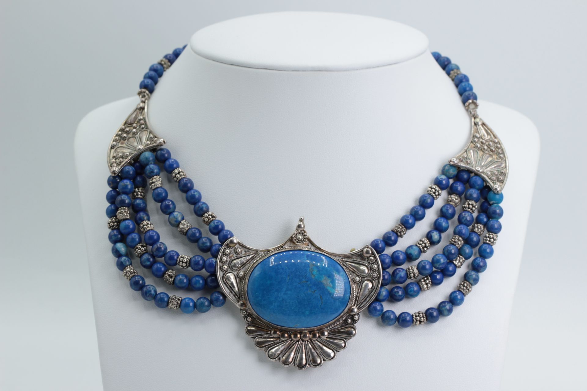 Ottoman Silver necklace with blue beads, centerpiece set with apatite