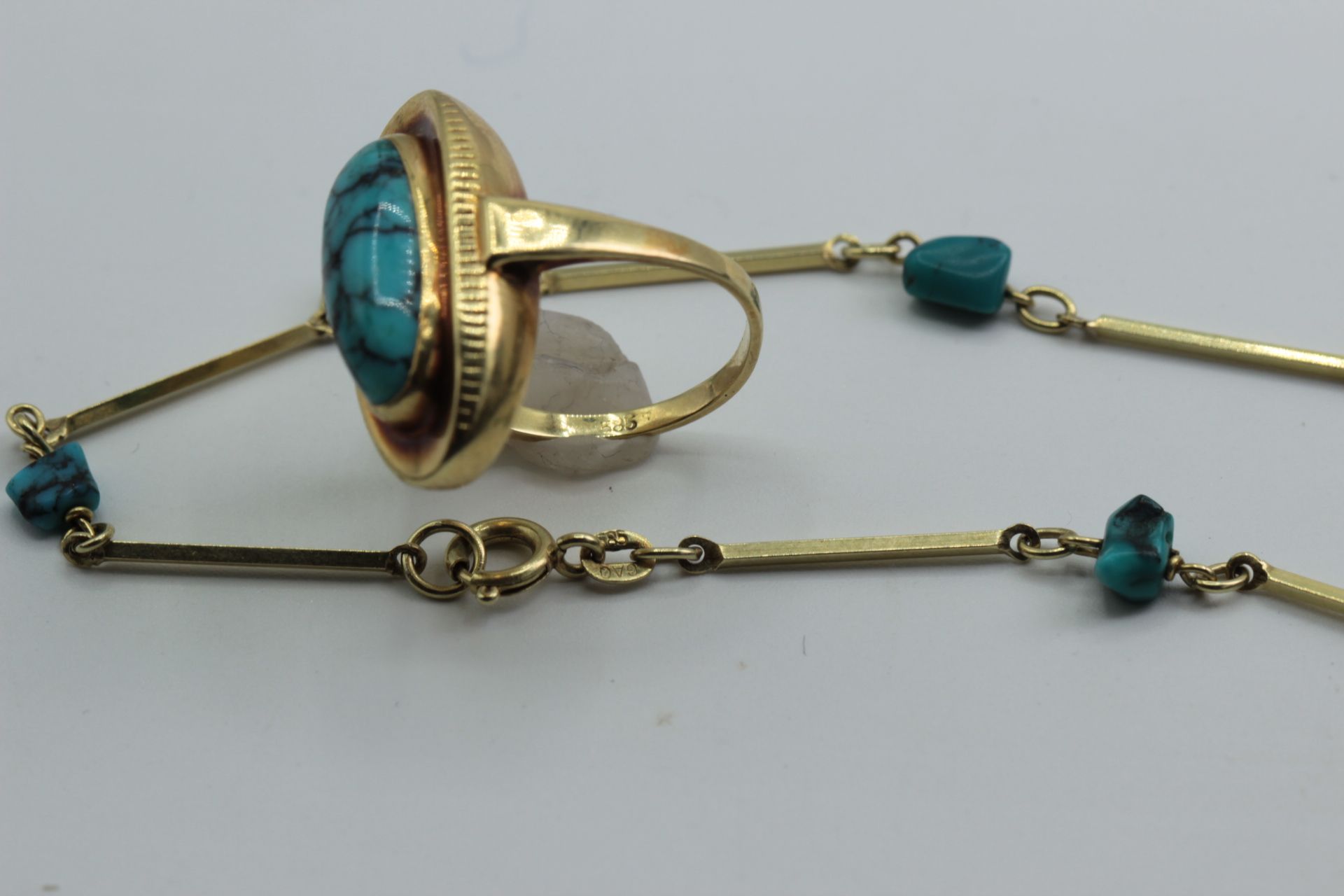 Jewelry/Jewellery Lot: 14K Gold Necklace + Ring with Turquoise - Image 5 of 5