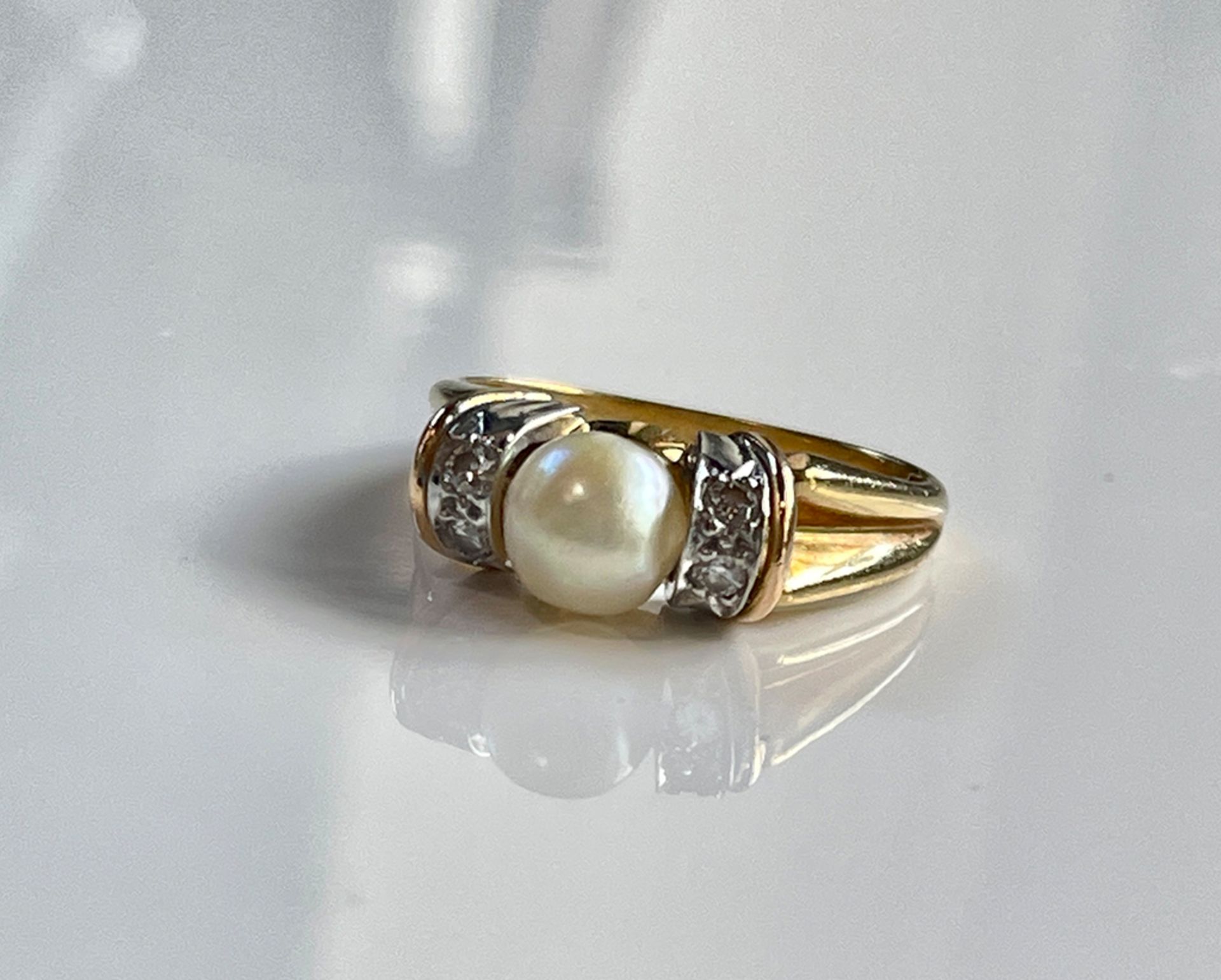 Gold Ring, 750 Gelbgold, mit Diamant und Perle - Bild 2 aus 6