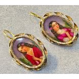 Antique 14K Yellow Gold Earrings with Miniature Portraits Miniature Painting Enamel