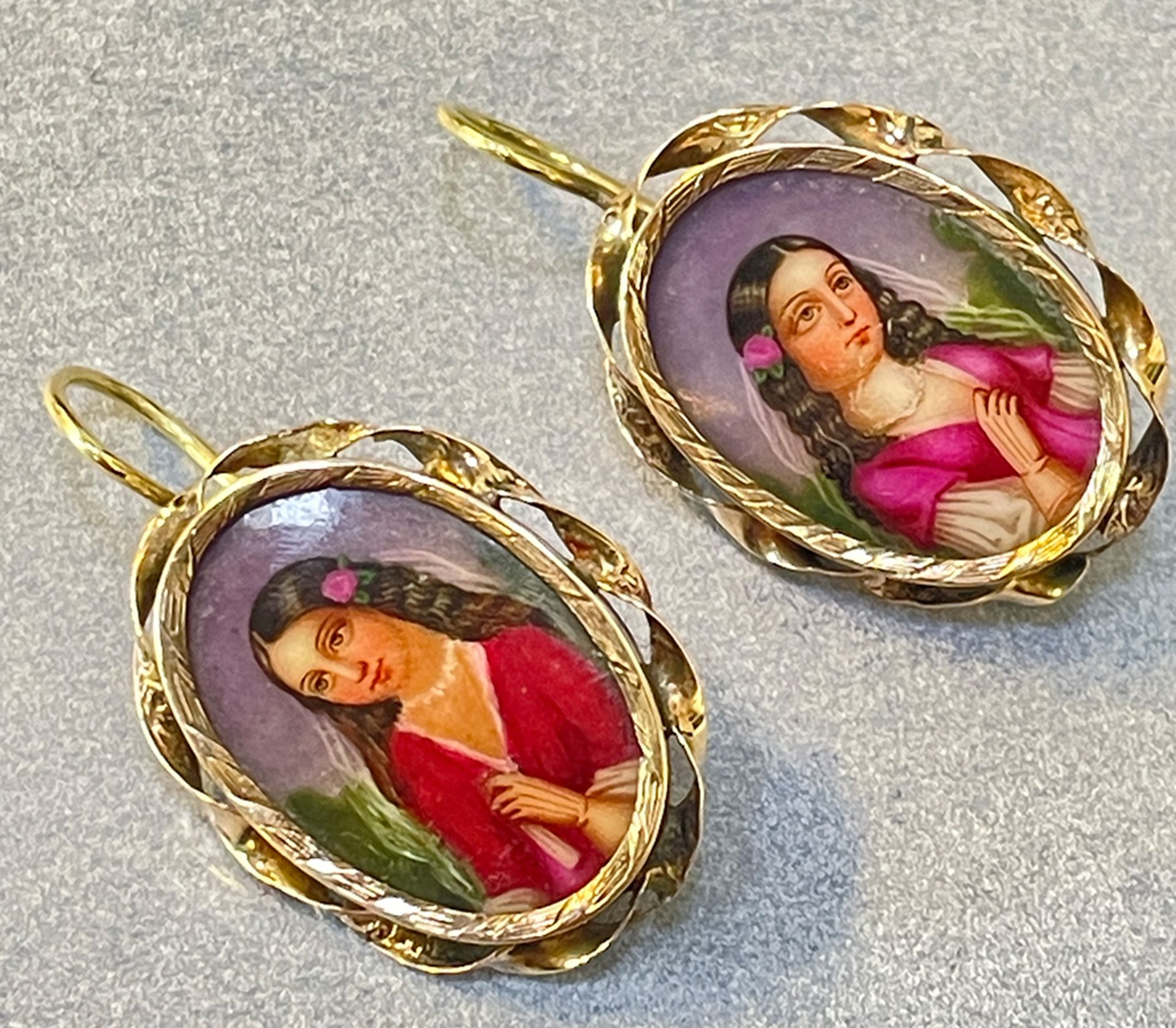 Antique 14K Yellow Gold Earrings with Miniature Portraits Miniature Painting Enamel