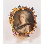 Antique French brooch with miniature painting. From approximately 1850-1870. A young lady dressed in