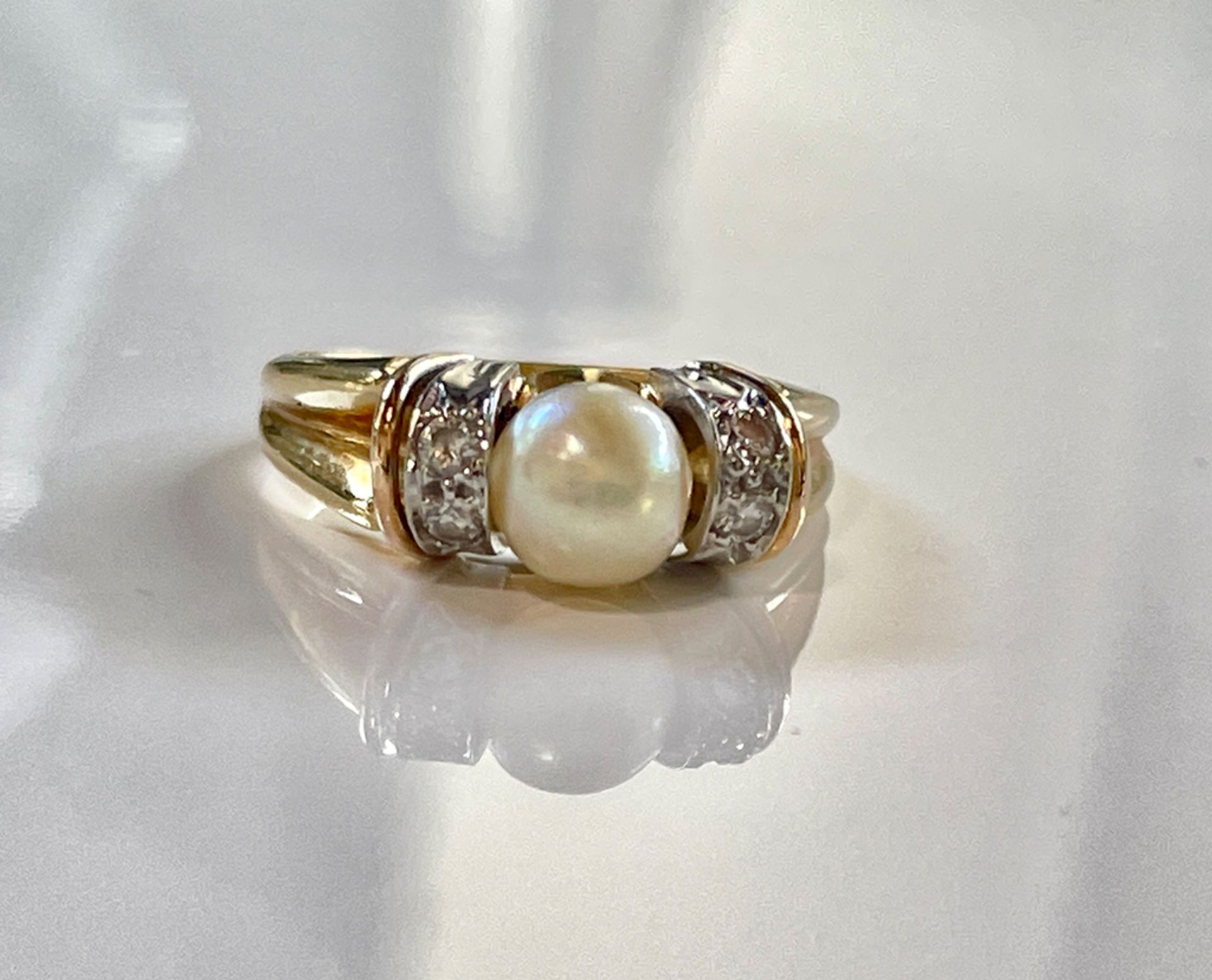 Gold Ring, 750 Gelbgold, mit Diamant und Perle - Bild 6 aus 6