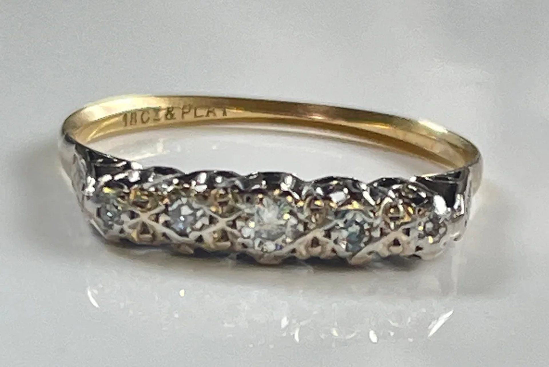 Antique 18K Gold + Platinum Ring with 5 Old Cut Diamonds