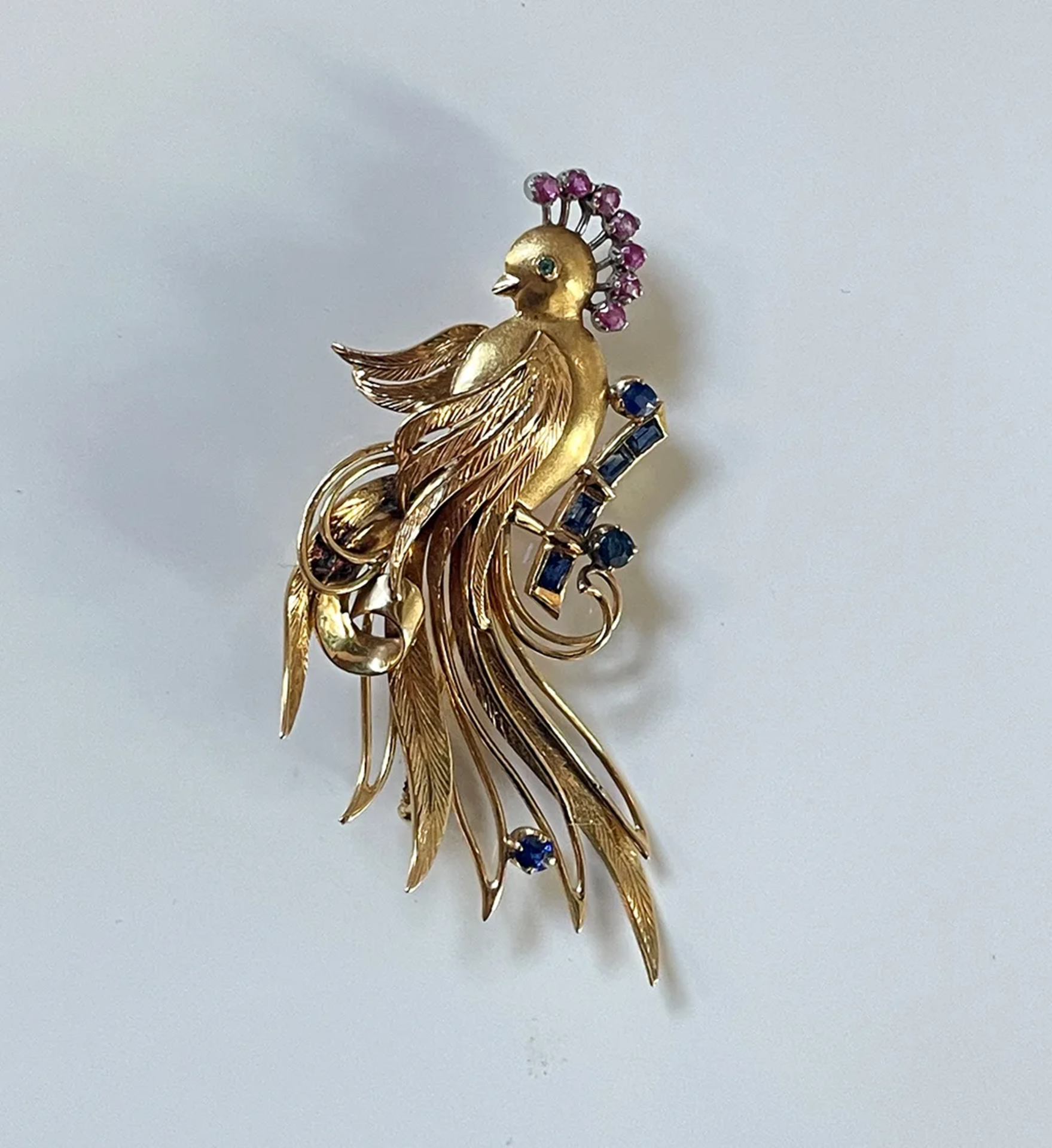 Vintage Bird Brooch Paradise-Bird 18K Yellow Gold Sapphire Ruby Emerald - Image 2 of 4