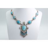 Silver necklace, oriental, with turquoise colored Stones