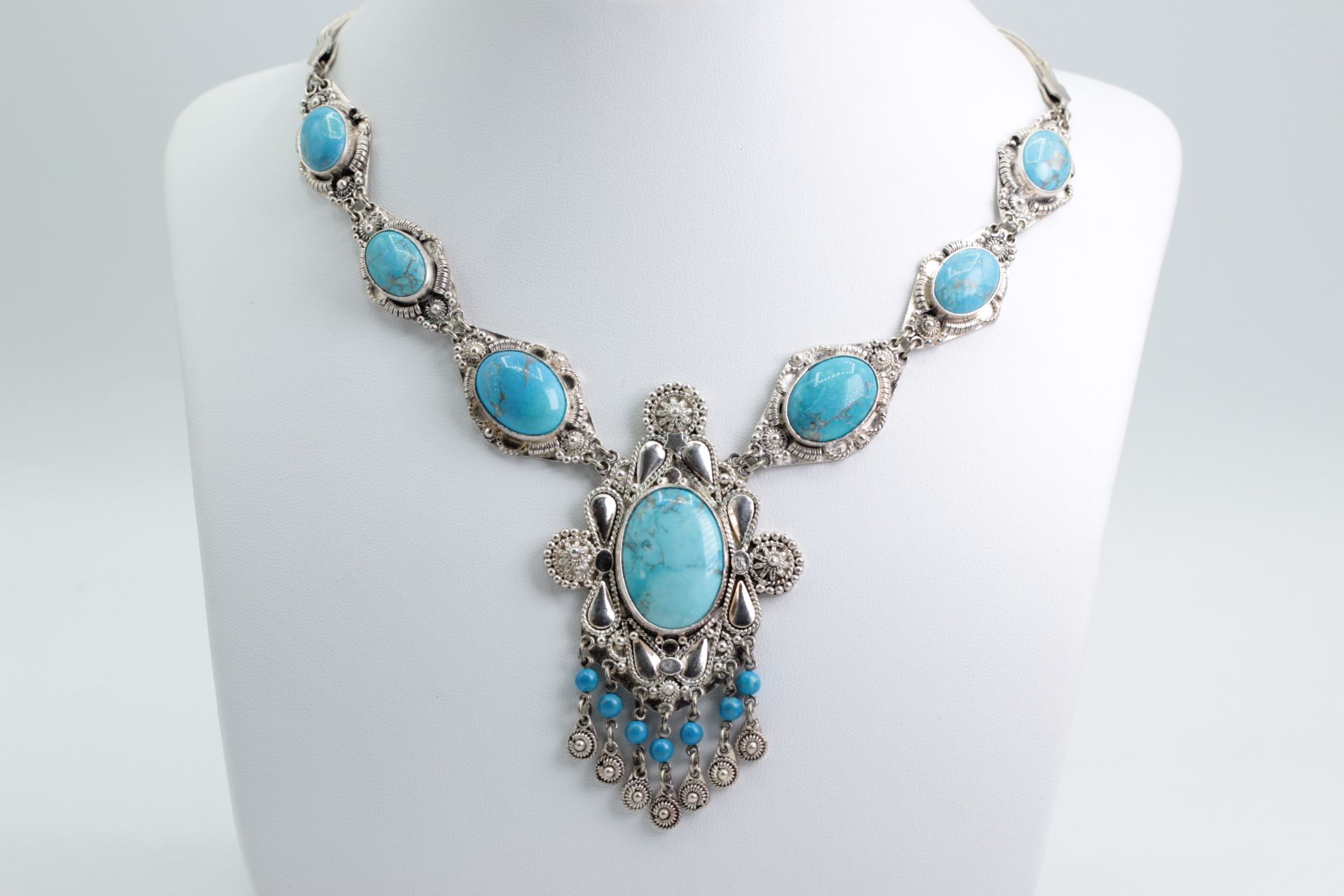 Silver necklace, oriental, with turquoise colored Stones