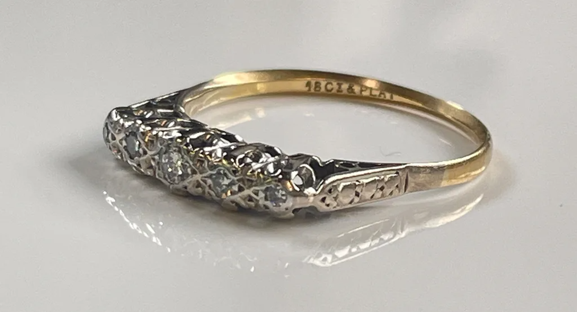 Antique 18K Gold + Platinum Ring with 5 Old Cut Diamonds - Image 2 of 3