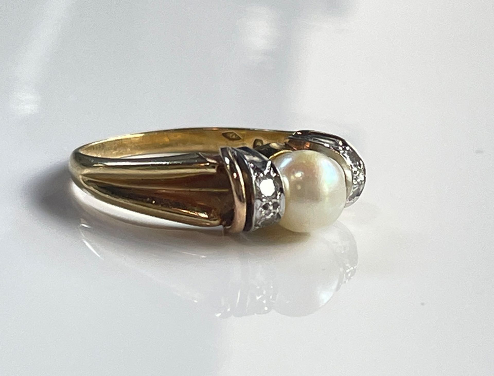 Gold Ring, 750 Gelbgold, mit Diamant und Perle - Bild 3 aus 6
