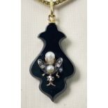 Antique onyx pendant, with 14K gold insect, pearls and diamonds