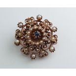 Antique round brooch 560 / 14K Gold Russia, Pearls and Sapphire