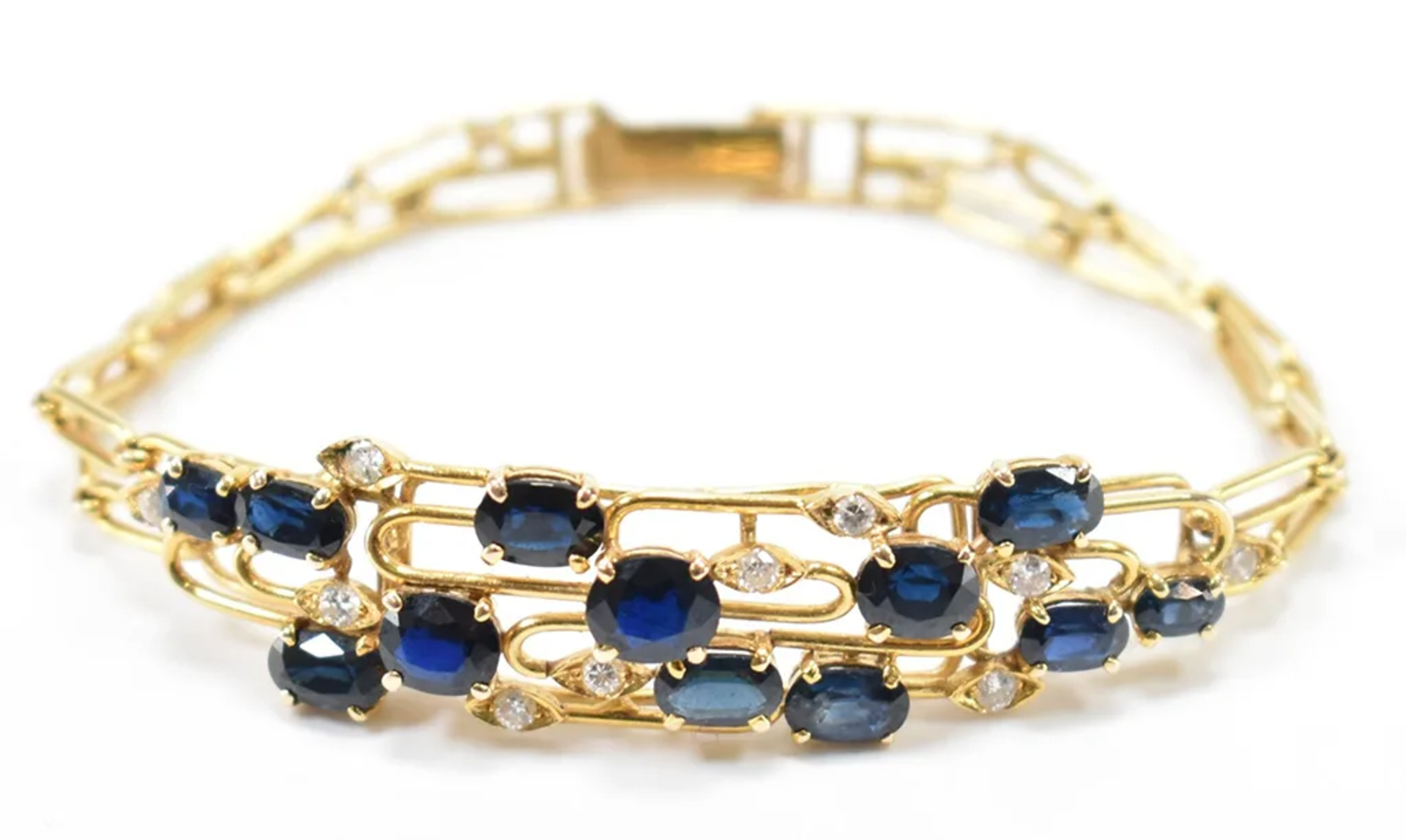 Armband mit 12x blauen Saphiren und Diamanten 585 Gelbgold - Bild 2 aus 4