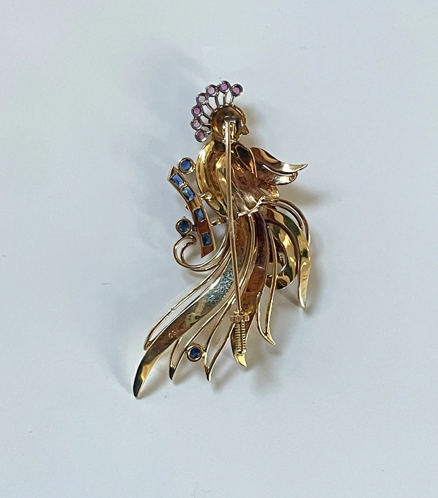 Vintage Bird Brooch Paradise-Bird 18K Yellow Gold Sapphire Ruby Emerald - Image 4 of 4