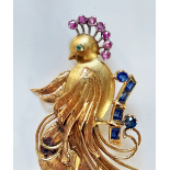Vintage Vogel Brosche Paradiesvogel 750 Gelbgold Saphir Rubin Smaragd