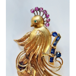 Vintage Bird Brooch Paradise-Bird 18K Yellow Gold Sapphire Ruby Emerald