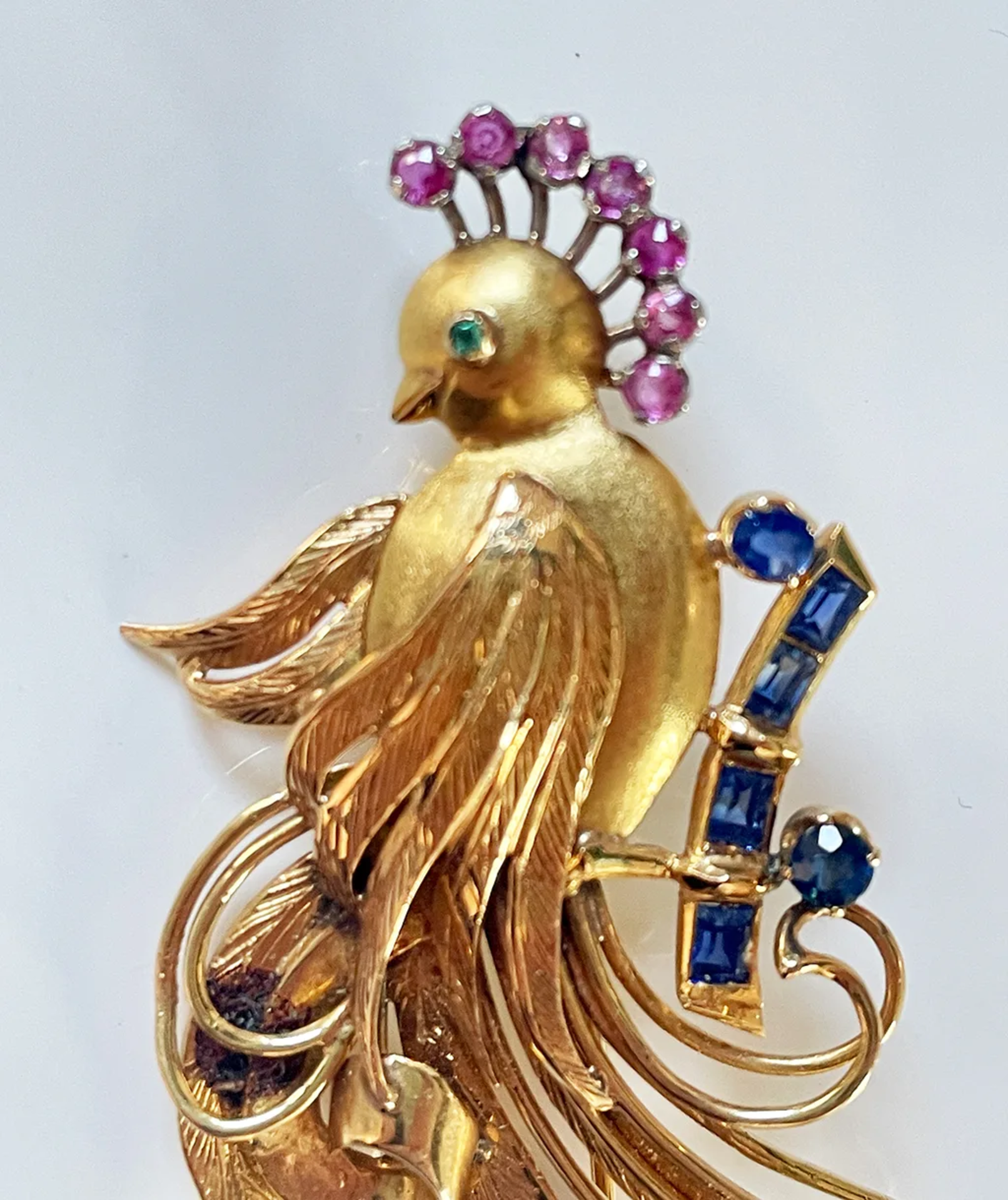 Vintage Bird Brooch Paradise-Bird 18K Yellow Gold Sapphire Ruby Emerald