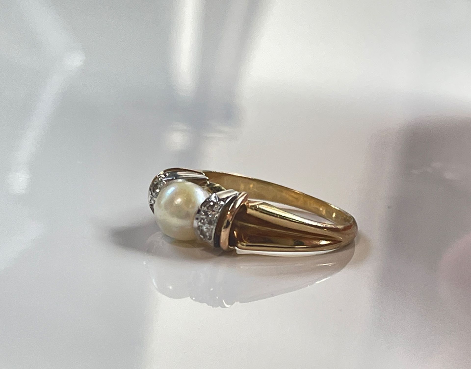 Gold Ring, 750 Gelbgold, mit Diamant und Perle - Bild 4 aus 6
