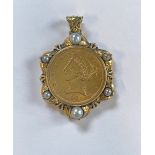 18K Gold Pendant with Gold Coin $ 5 Liberty Head 1901